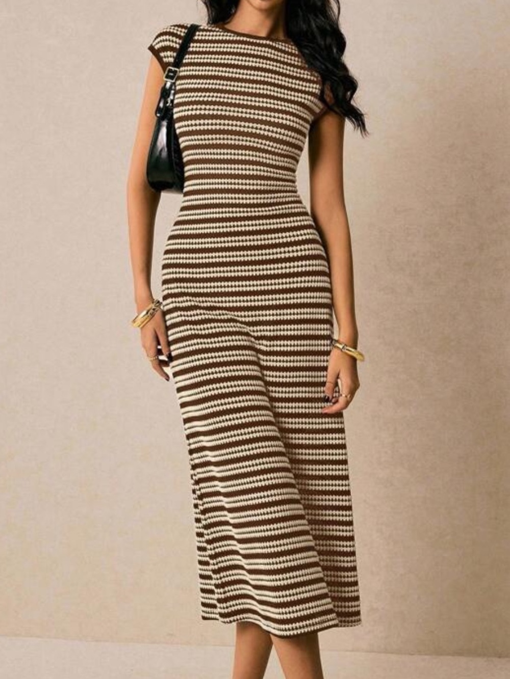 Knit Brown and Cream Striped Midi Dress
